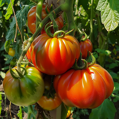 Plants de tomates buffalosteak en pleine croissance dans un potager bio, fruits charnus et sains